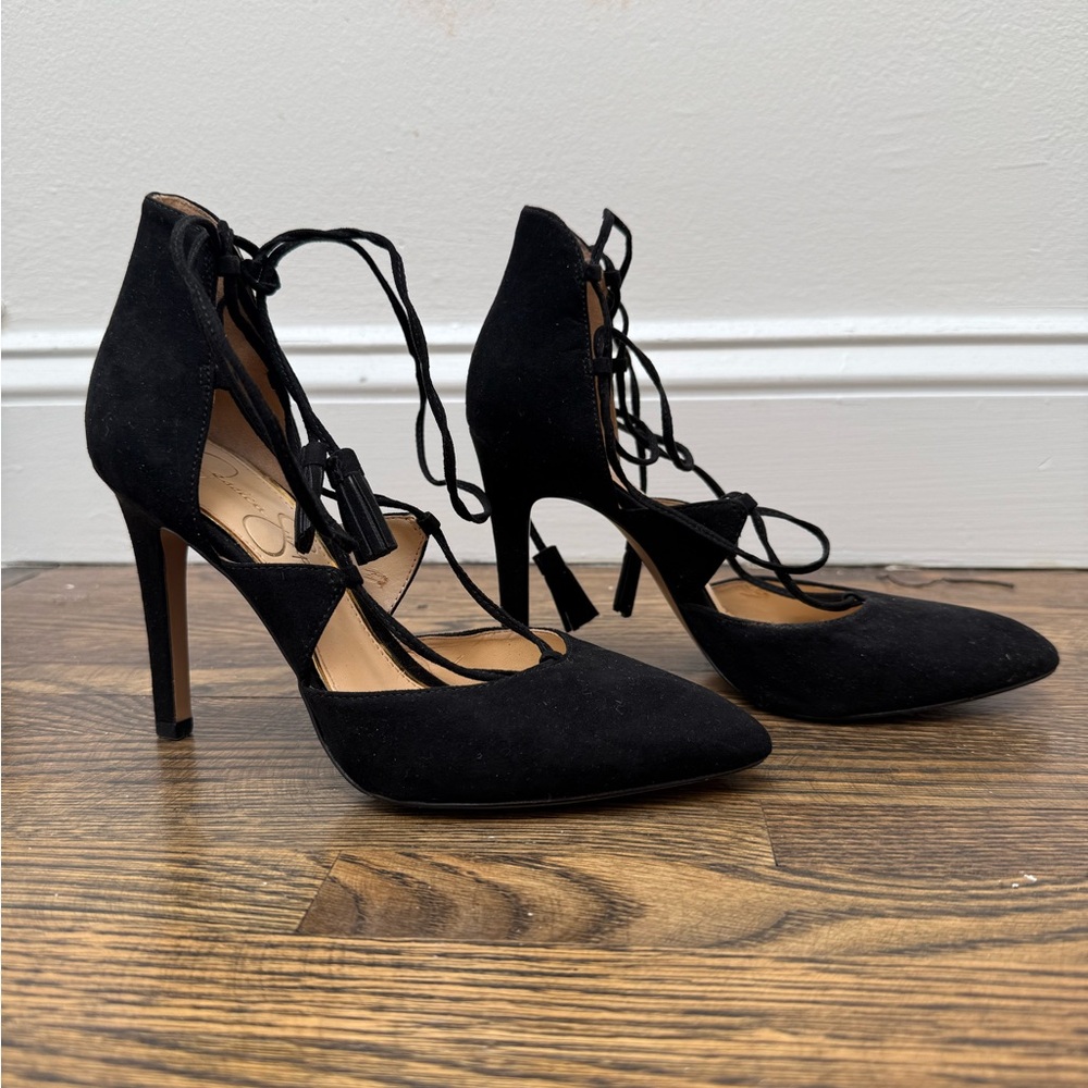 Jessica Simpson Black Lace-Up Pointed-Toe Heels with Tassel Ties | Sz 6.5